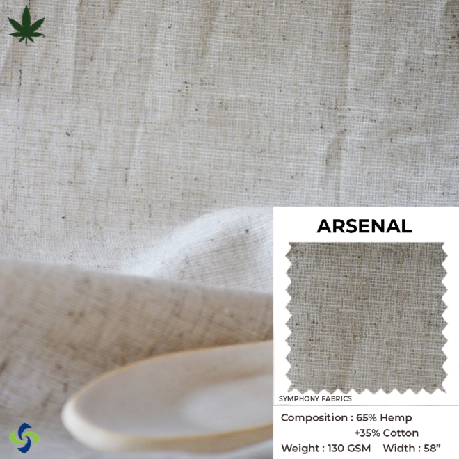 A natural fabric sample of Arsenal fabric made 65% hemp blended with 35% cotton and having the GSM of 130 with natural texture.