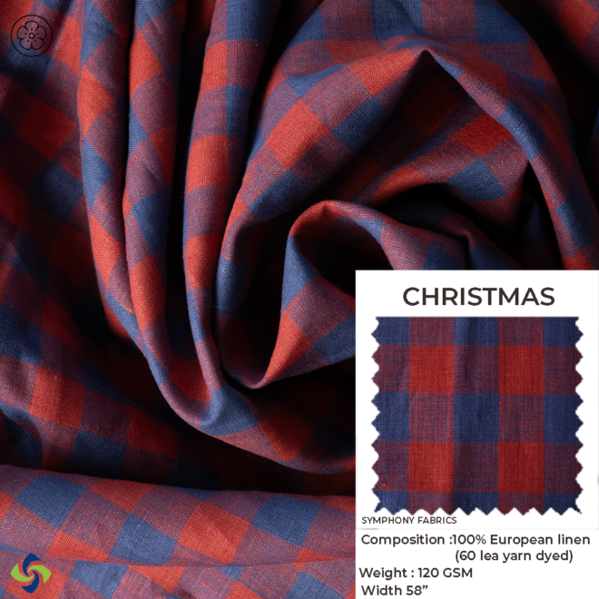 “European linen fabric; checkered red & blue colour; 100% yarn dyed; gsm 120
